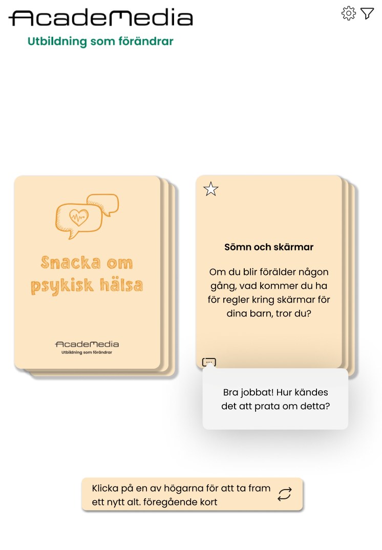 App card view: the psykisk hälsa deck next to an open question card about sleep and screens, with a reflection prompt below