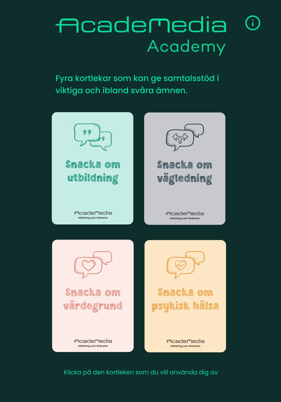 App start screen on dark green: AcadeMedia Academy, four card decks to choose from and the line Klicka på den kortleken som du vill använda dig av