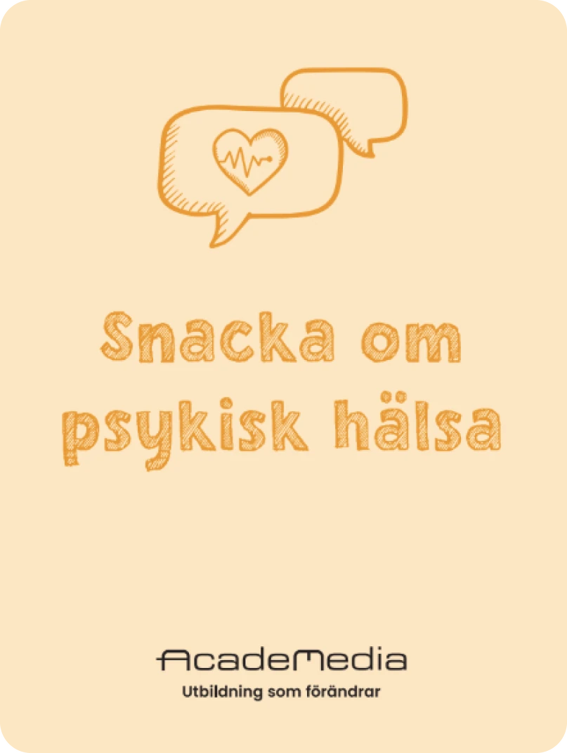Peach card: speech bubbles with a heartbeat heart and the title Snacka om psykisk hälsa