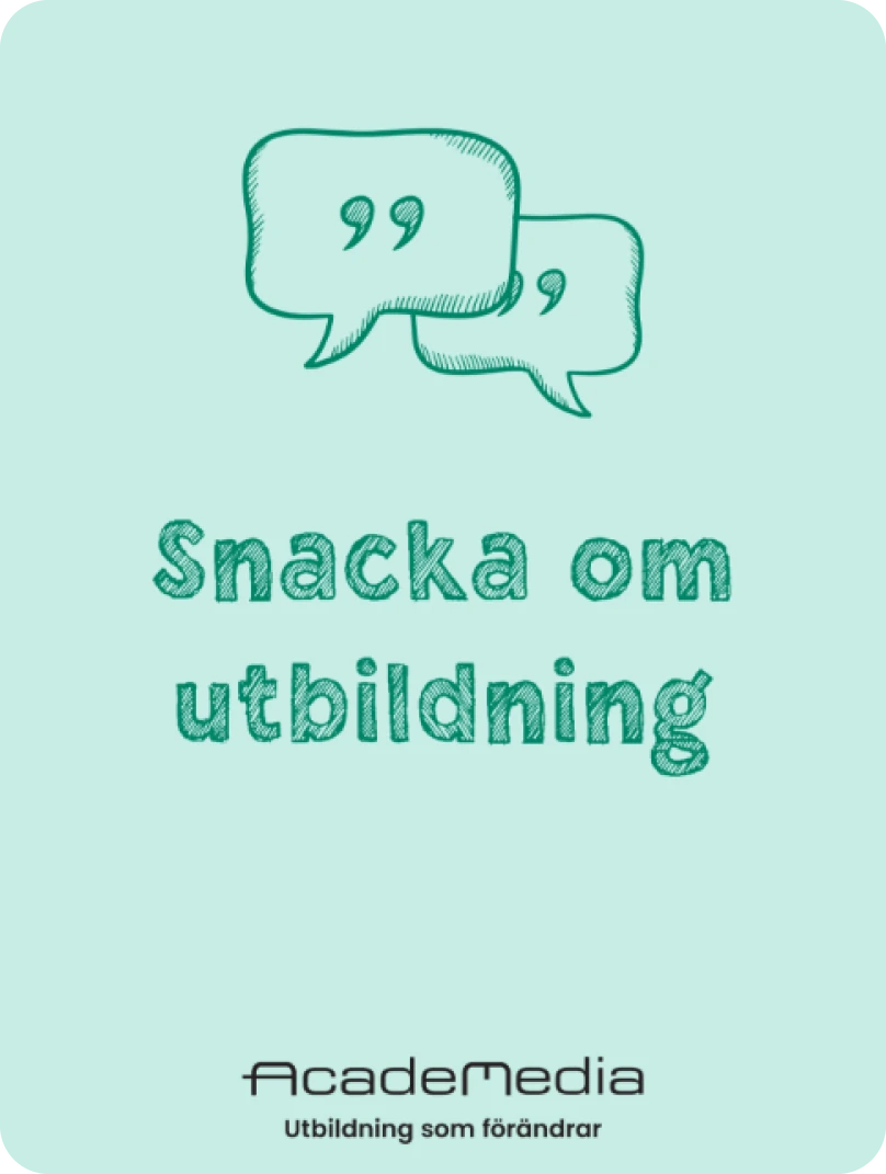 Mint card: two speech bubbles with quotation marks and the title Snacka om utbildning