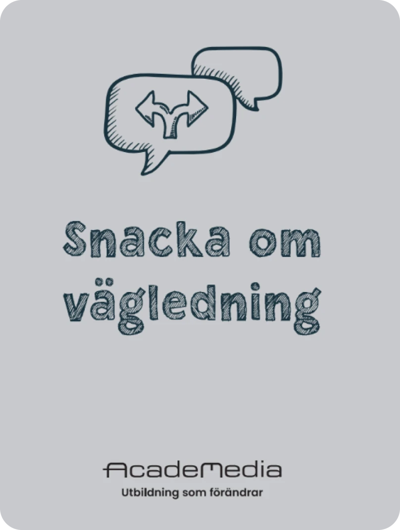 Grey card: speech bubbles with a forked arrow and the title Snacka om vägledning