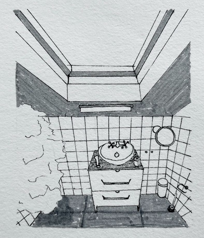 Ink and marker drawing of a small tiled bathroom with a sink and a skylight above