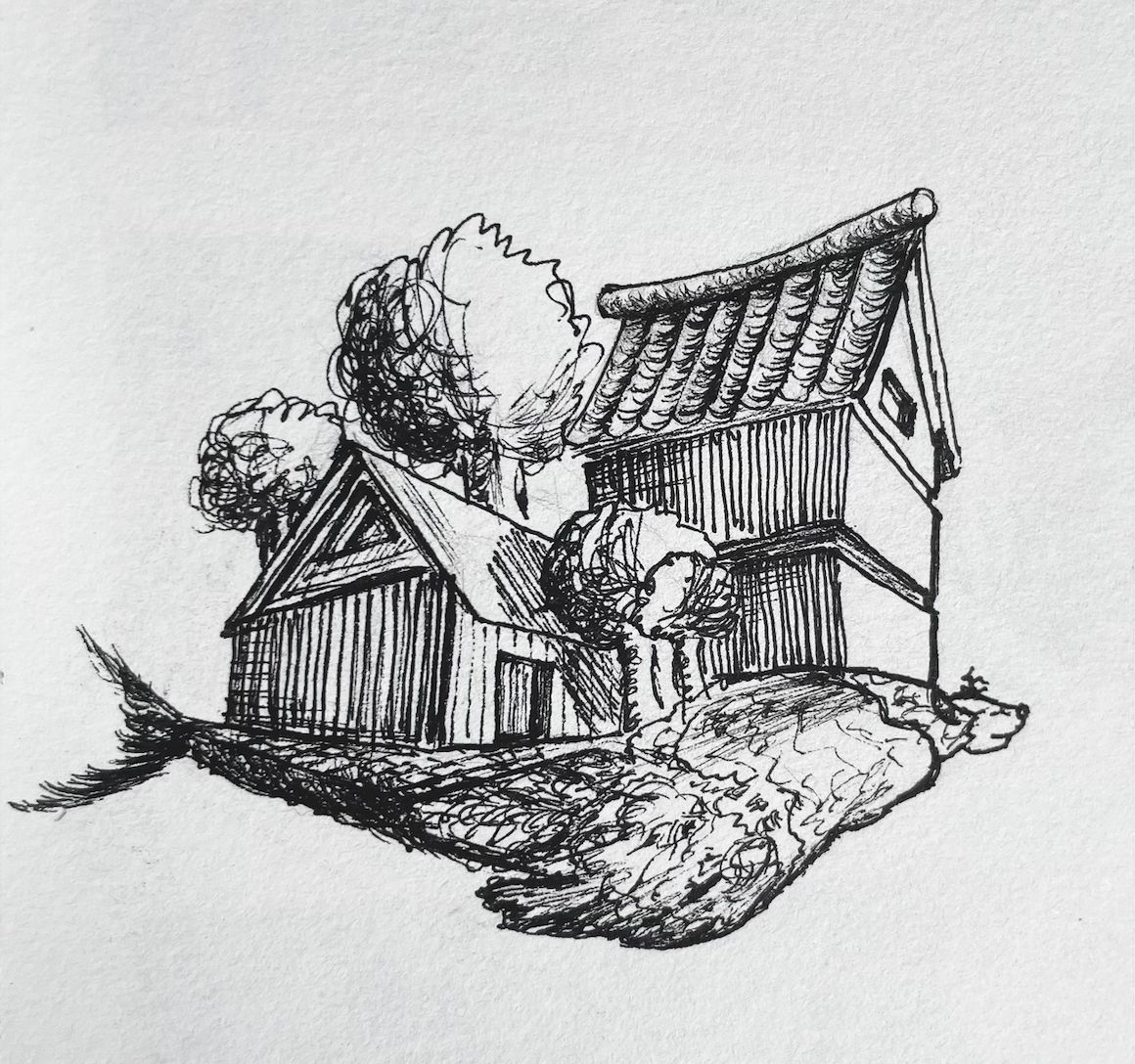 Pen drawing of two wooden houses and trees sitting on the back of a fish