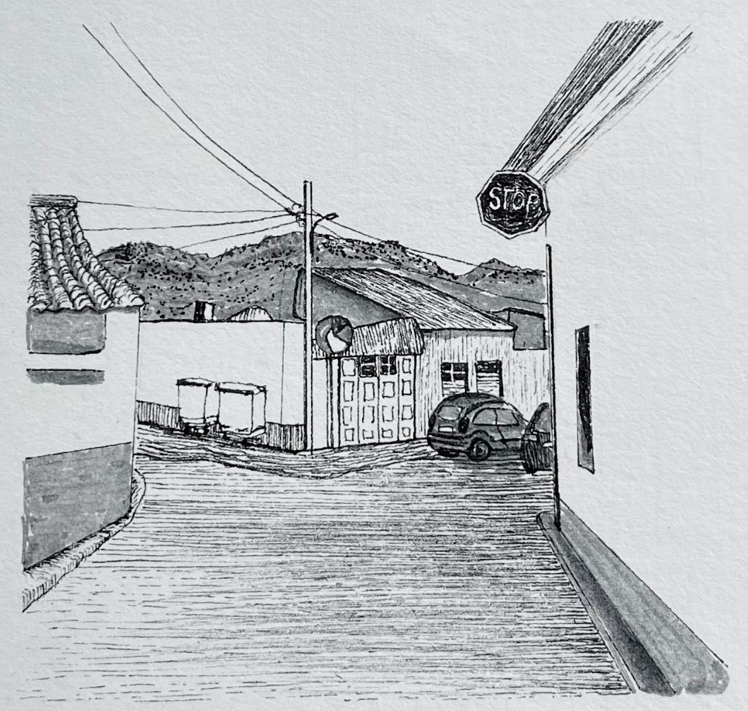 Ink drawing of a village street with a stop sign, parked cars and hills behind