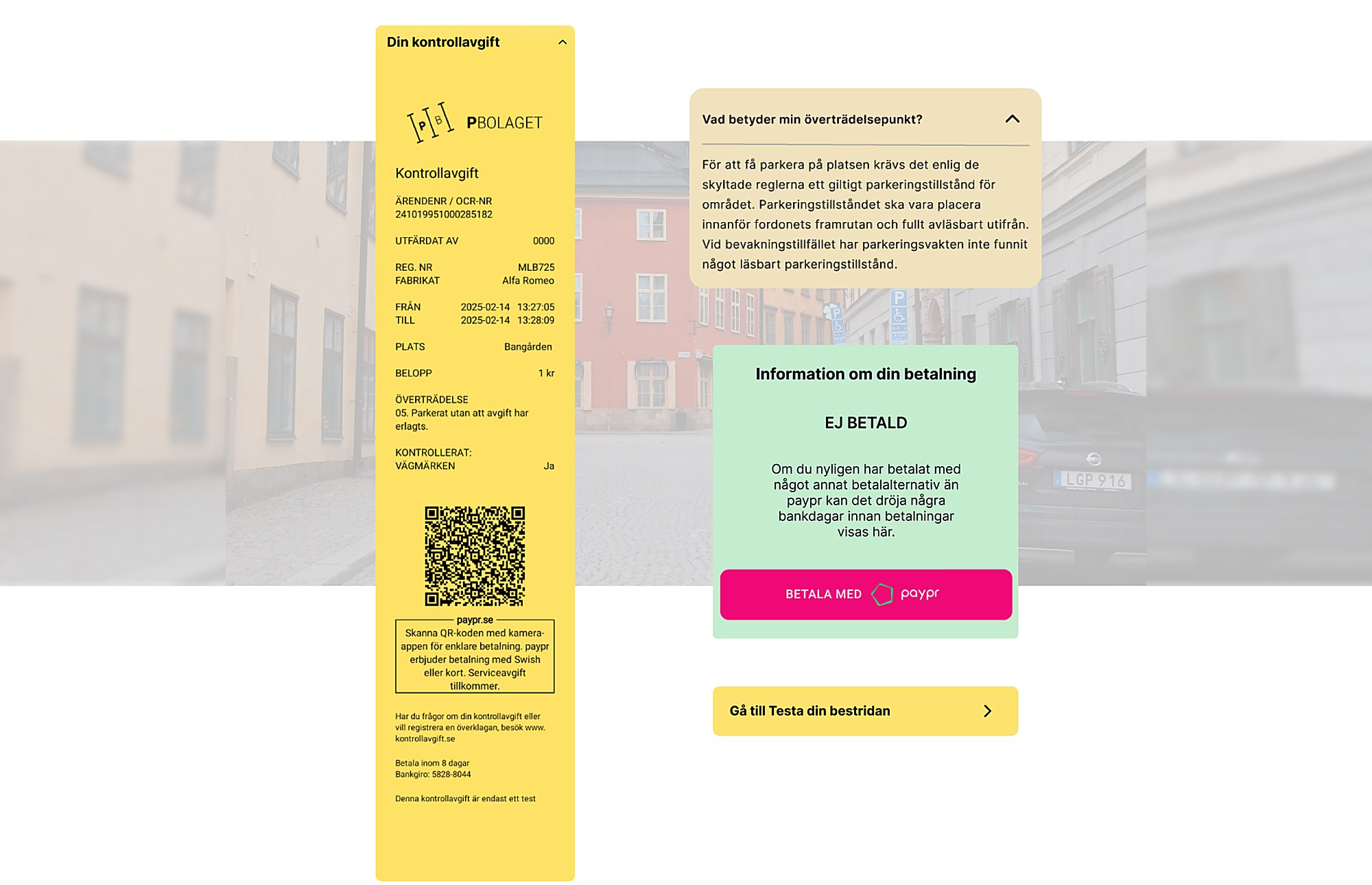 After: the fine on the left, an open explanation of what this violation means, a payment status card marked Not paid, and a button to test your appeal