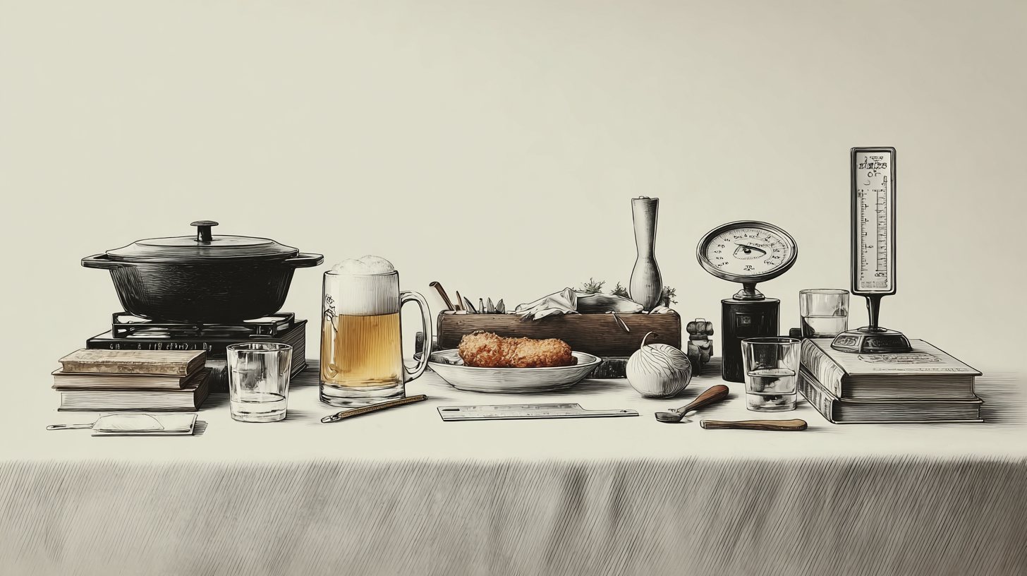 Illustrated still life on a table: a black cast-iron pot on books, a beer mug, a plate with schnitzel, glasses, a kitchen scale and a thermometer