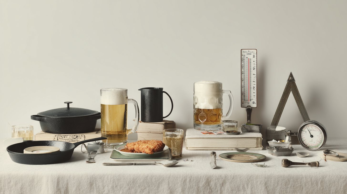 Photographed still life with the same objects on a linen tablecloth: a cast-iron pot, two beer mugs, schnitzel on a plate, a thermometer and a gauge