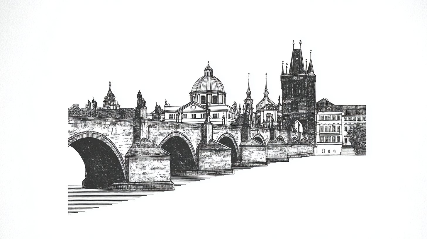 AI image in an ink-drawing style of the Charles Bridge in Prague with its arches, statues, domes and a gothic tower