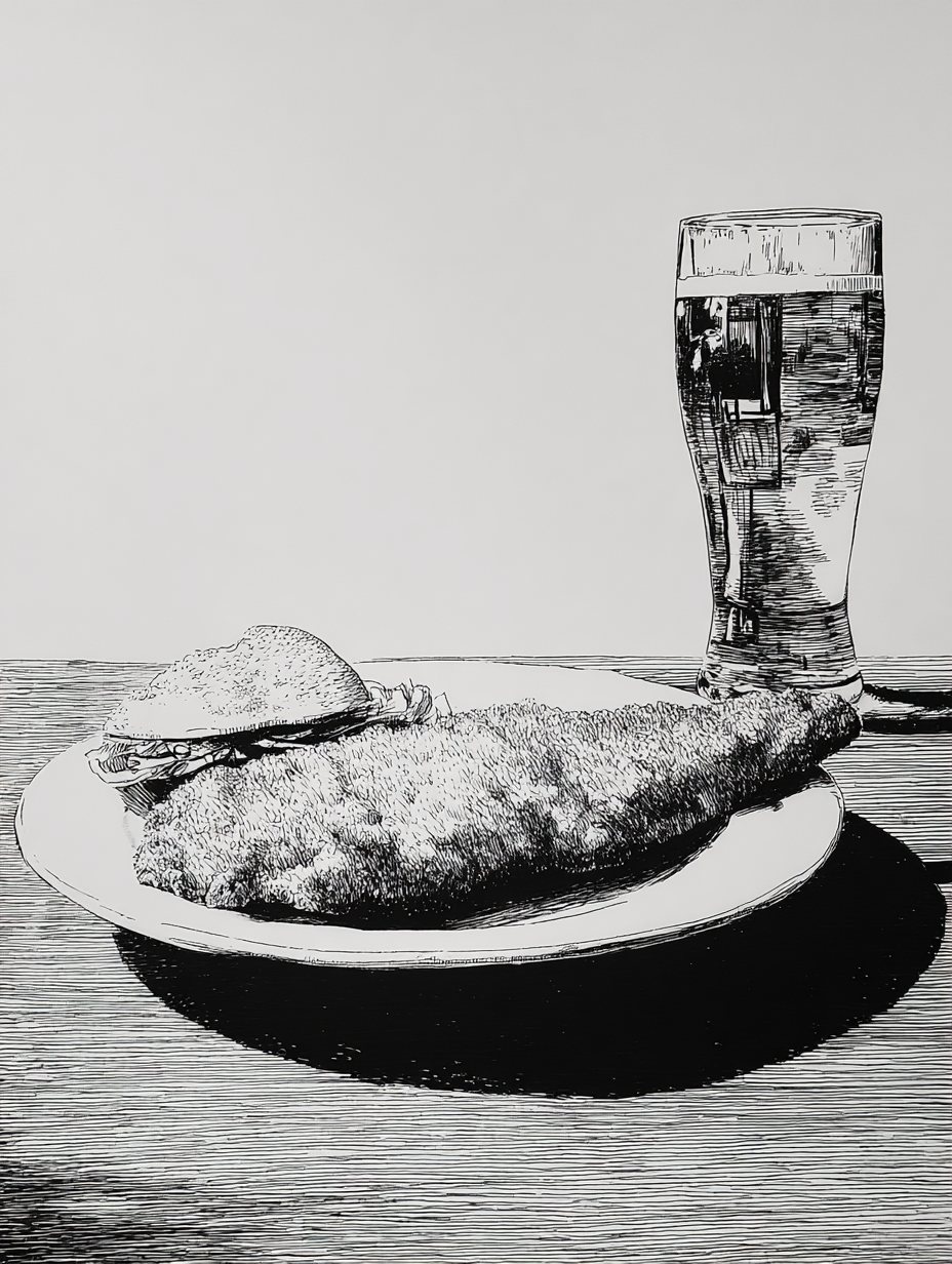 AI image in an ink-drawing style of a breaded schnitzel on a plate next to a tall glass of beer on a wooden table