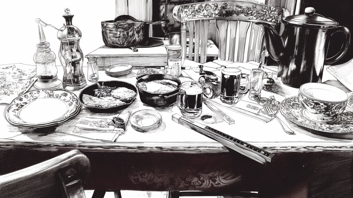 AI image in an ink-drawing style of a table with plates, a pot, two beer mugs, a coffee pot, a ruler and a patterned tablecloth