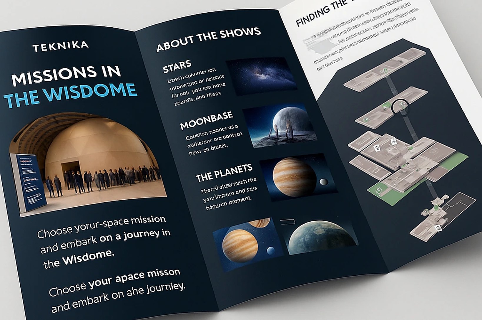 A folded brochure titled Missions in the Wisdome, with show descriptions and a map of the museum