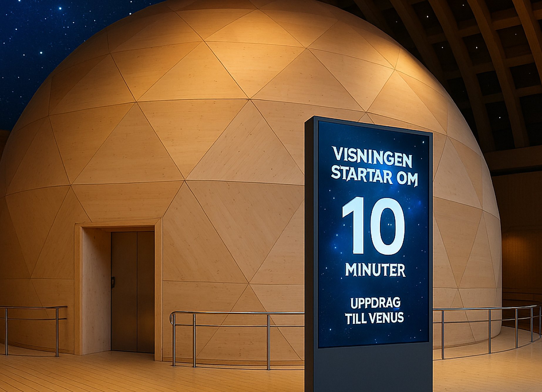 A screen outside the wooden dome reading The show starts in 10 minutes, Mission to Venus
