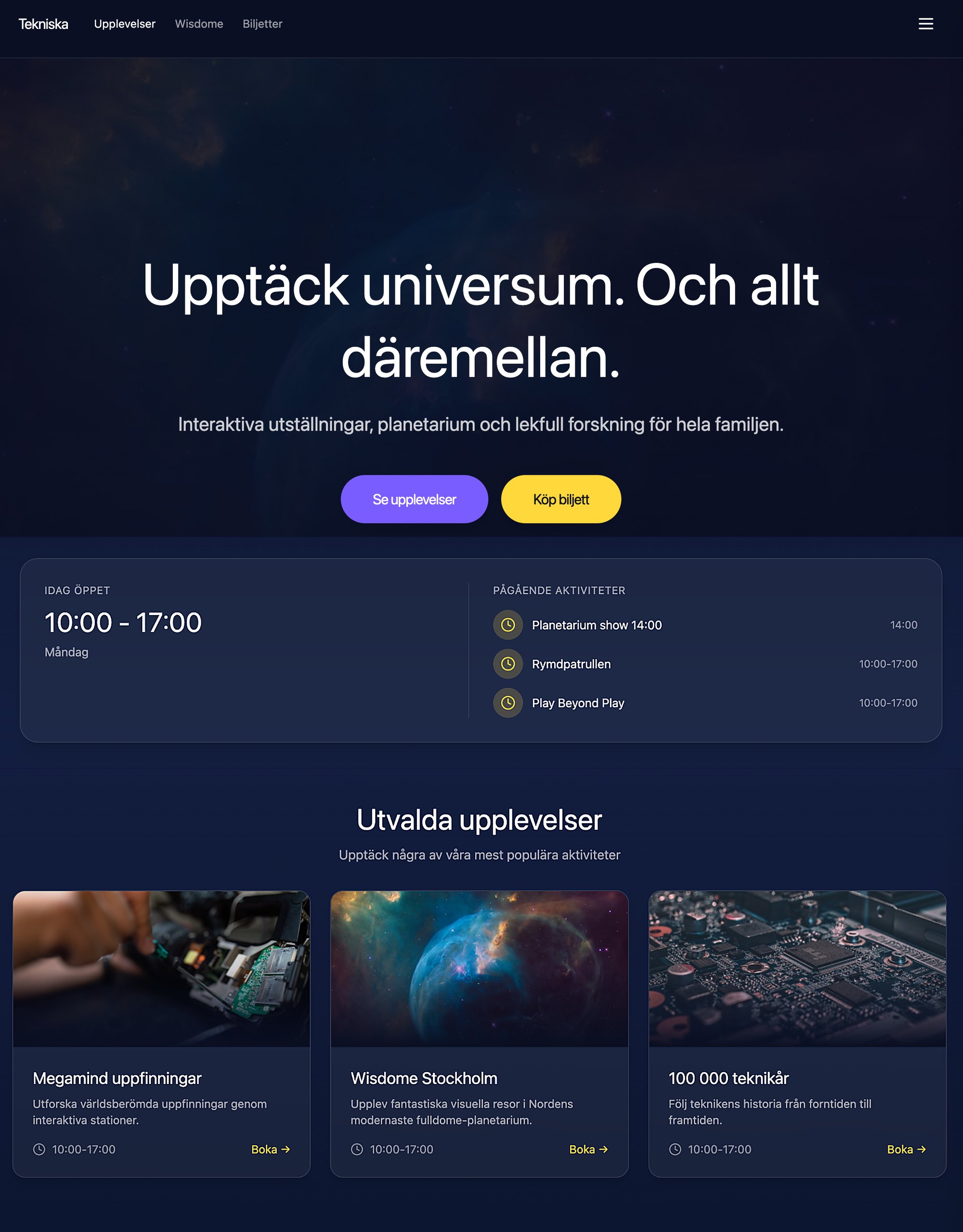 Website prototype: a dark space hero reading Discover the universe, followed by today's opening hours, ongoing activities with times, and three featured experiences with booking links