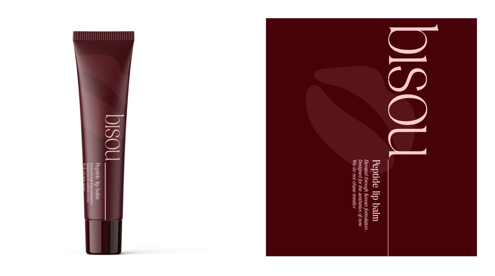 Burgundy Bisou peptide lip balm tube next to its flat label design with a large vertical pink bisou wordmark