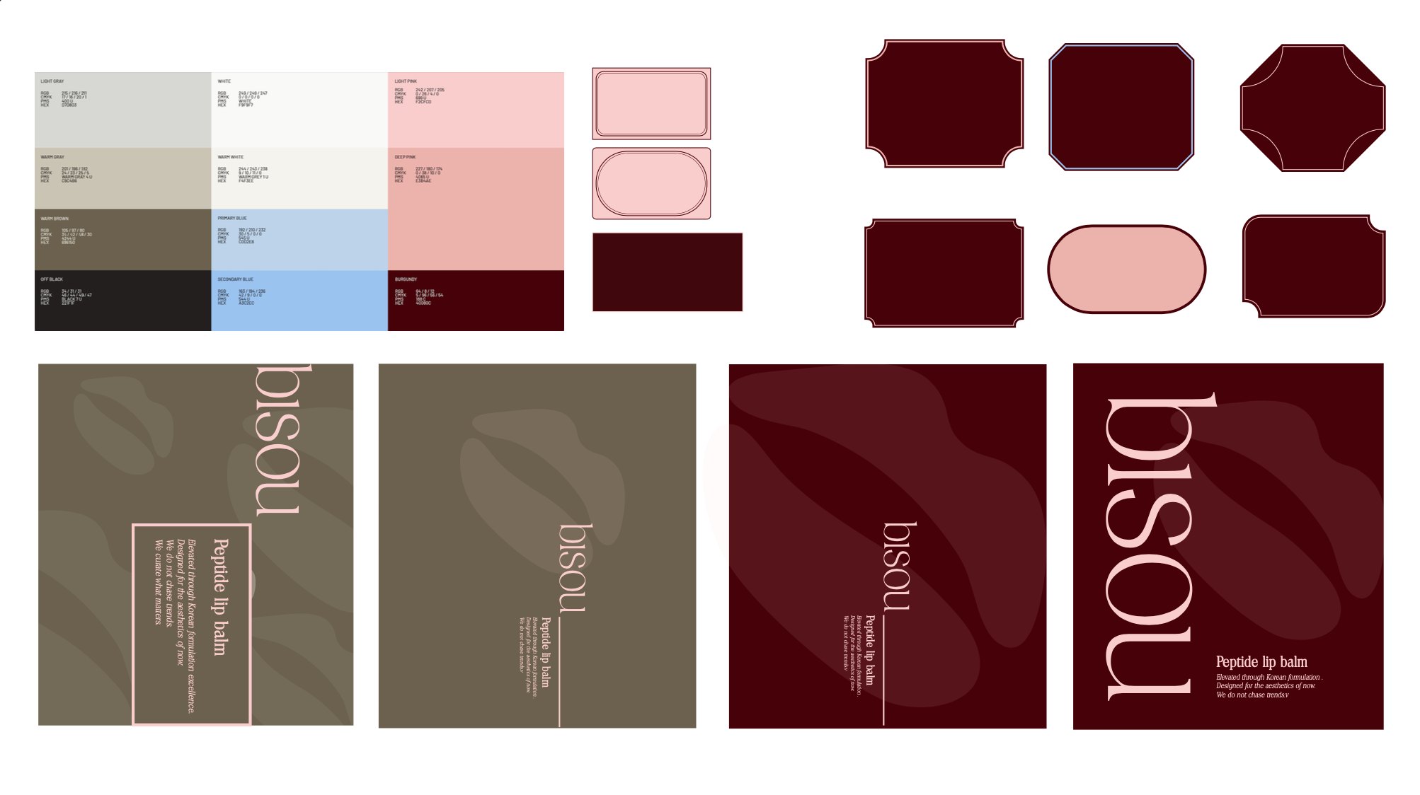 Bisou identity explorations: a colour palette from light grey to burgundy, label frame shapes, and four square layouts with a vertical bisou wordmark and a lip shape on brown and burgundy