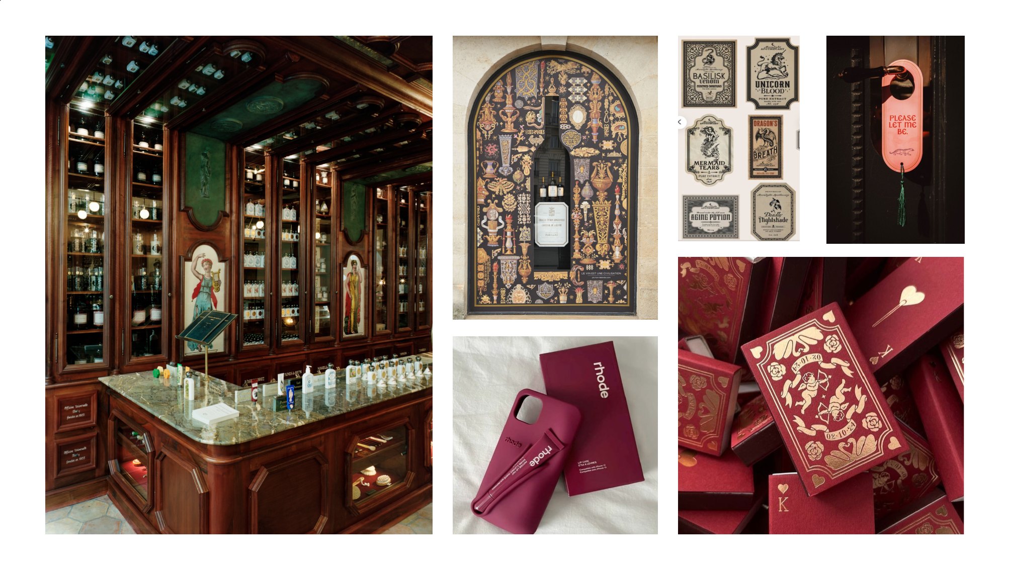 Bisou moodboard: an old wooden apothecary with glass cabinets, an ornate wine shop window, vintage potion labels, a pink door hanger, a burgundy rhode phone case and burgundy boxes with gold foil