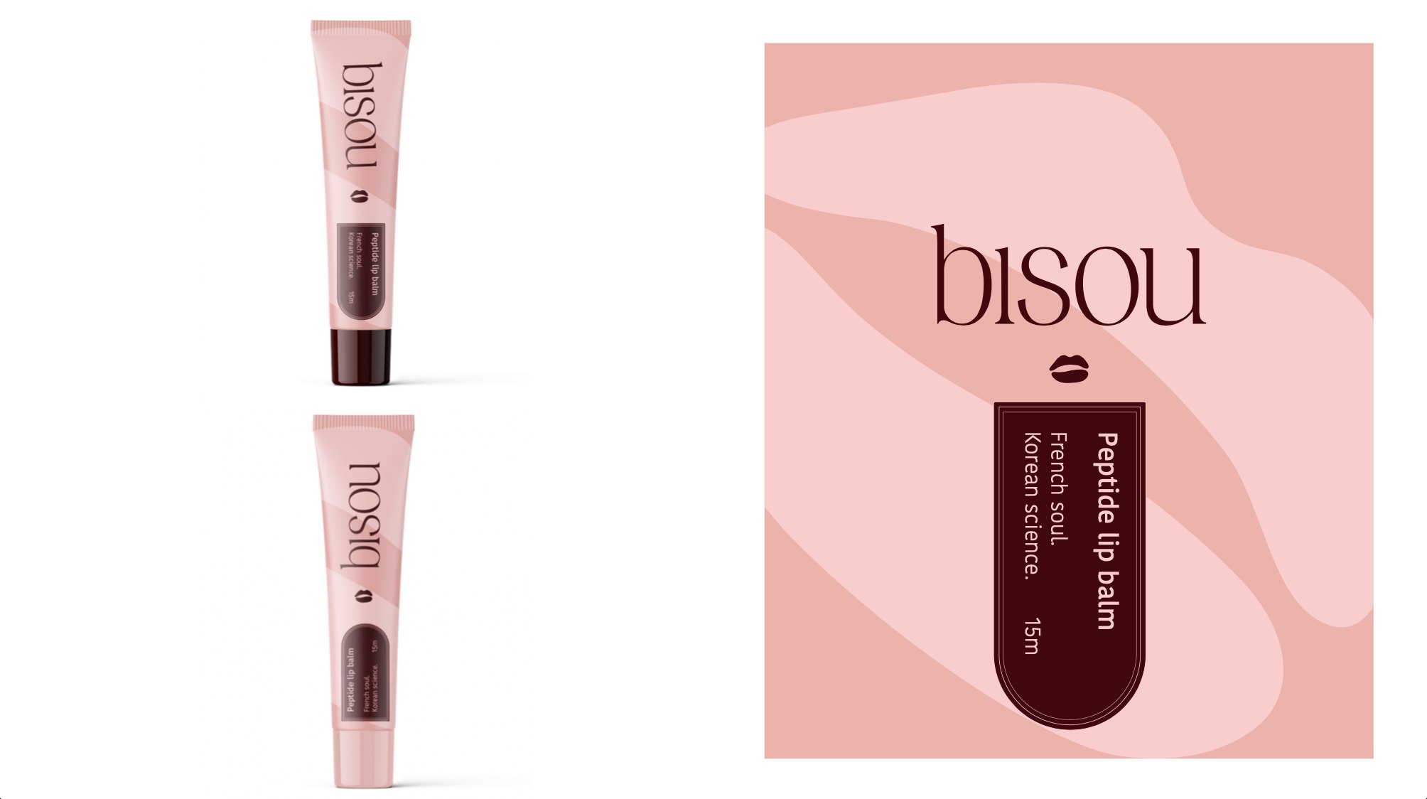 Two pink Bisou peptide lip balm tubes next to the flat label design: the bisou wordmark, a small lip icon and a dark arched label reading French soul. Korean science.