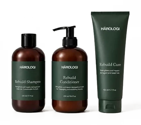 Hårologi Rebuild shampoo, conditioner and cure in brown and dark green bottles with the new dark green labels