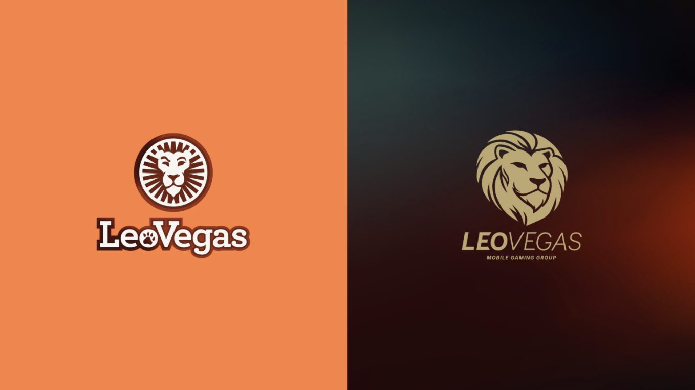 Old LeoVegas logo on orange next to the new gold lion logo on a dark background