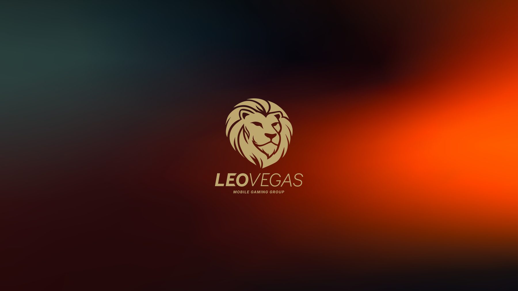 LeoVegas Mobile Gaming Group logo, a gold lion head above the wordmark, on a dark gradient fading into orange