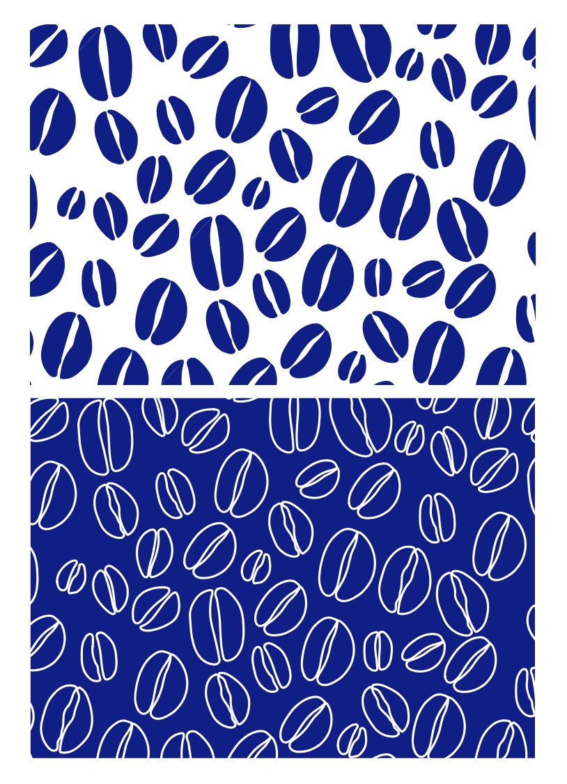 Pattern sketch of coffee beans in navy blue: filled beans on white above, and white outlined beans on navy below