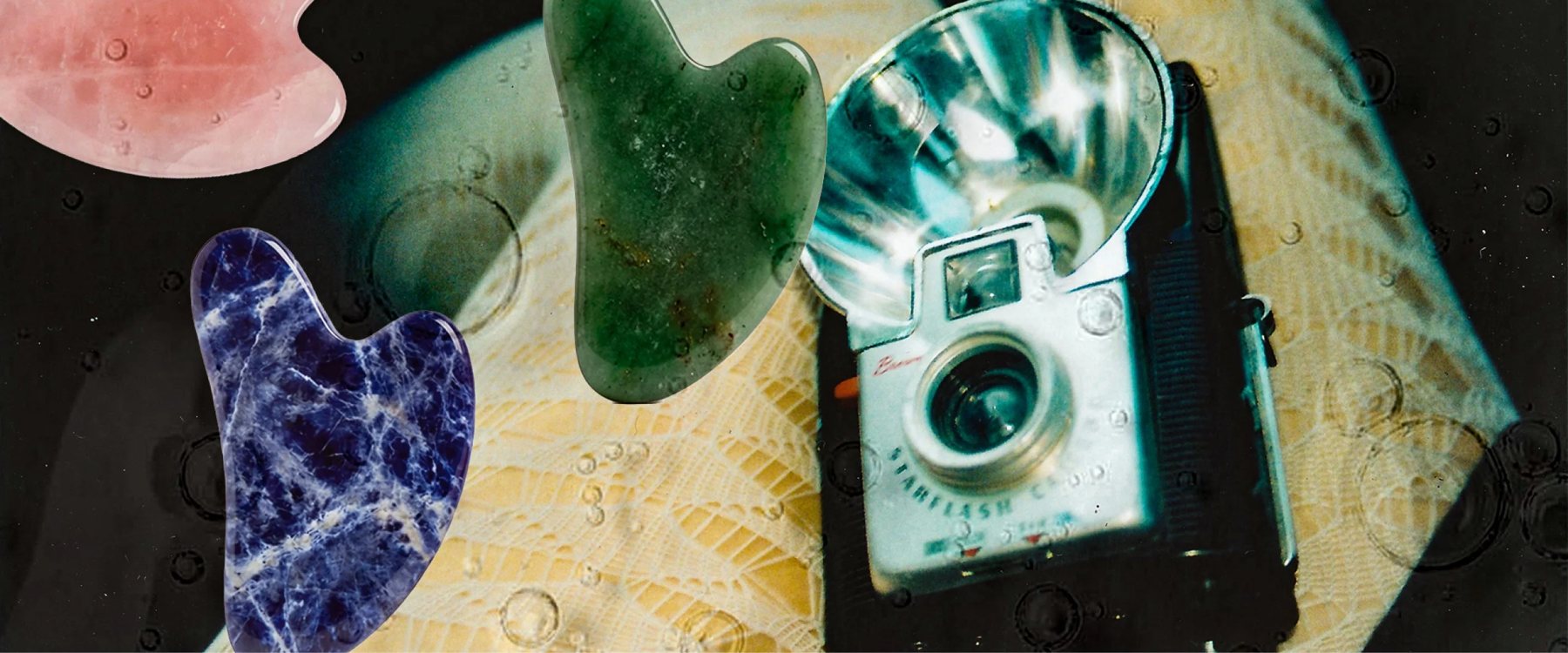 Collage of pink, green and blue gua sha stones beside a vintage camera, with bubble textures