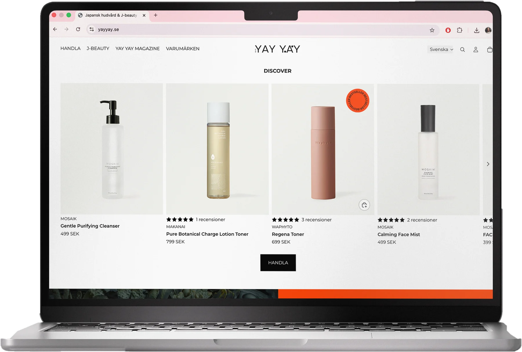 MacBook showing the YAY YAY Discover section with a row of product cards showing brand, name, rating and price