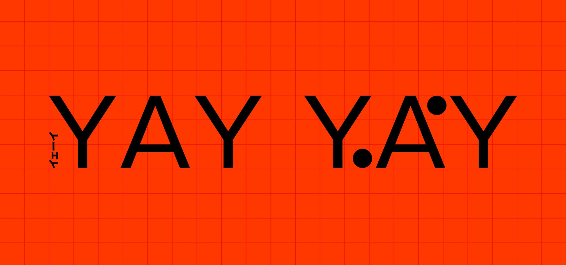 YAY YAY wordmark in black on a bright orange grid, with a vertical Japanese tag beside the first Y