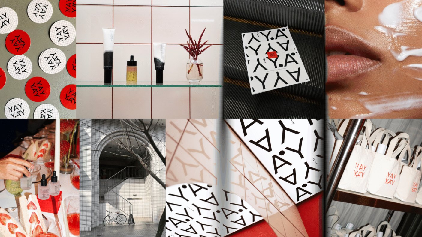 Moodboard of YAY YAY brand material: round stickers, skincare on a tiled shelf, printed pattern posters, tote bags and a table with strawberry sandwiches